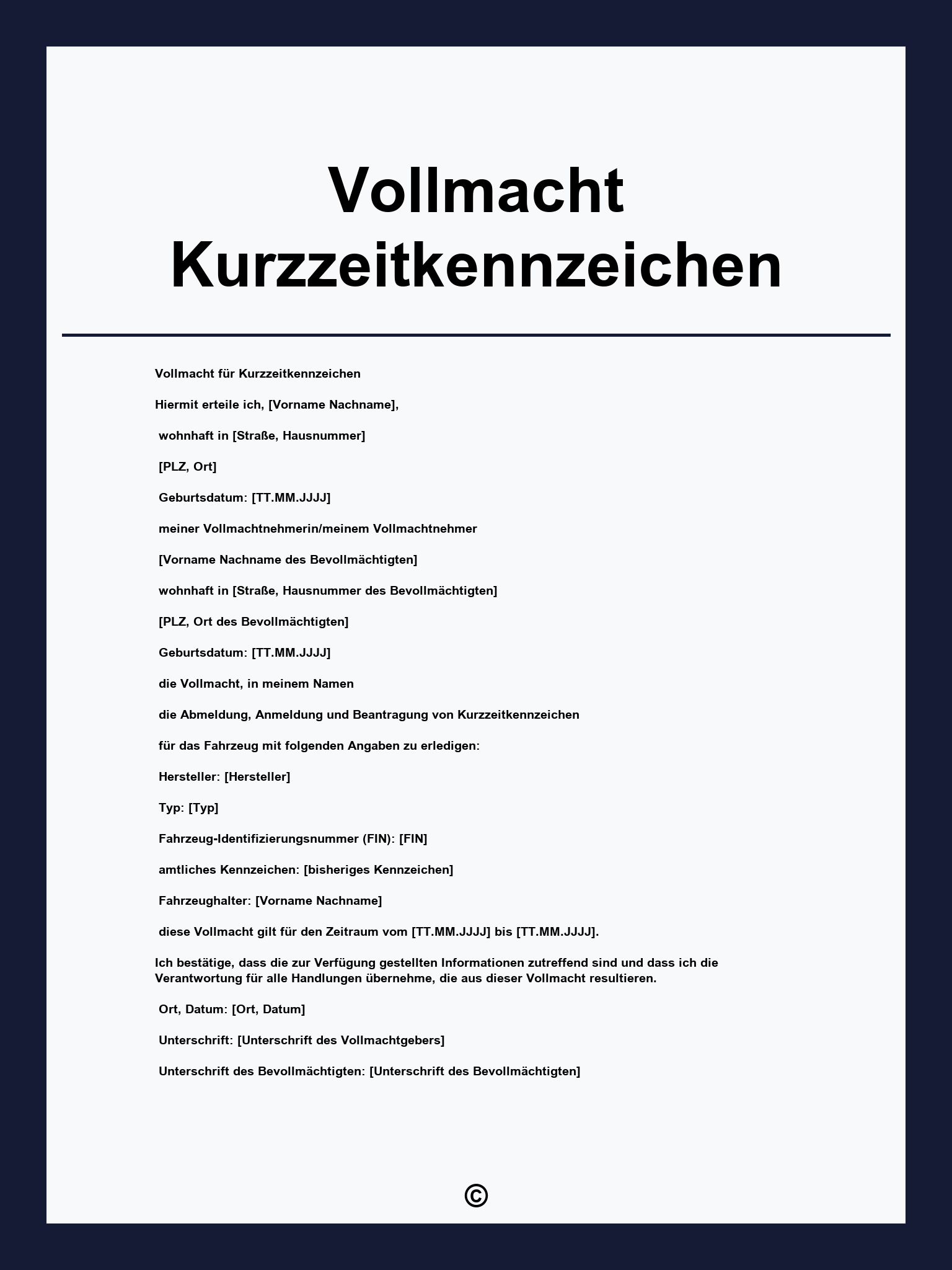 Vollmacht Kurzzeitkennzeichen