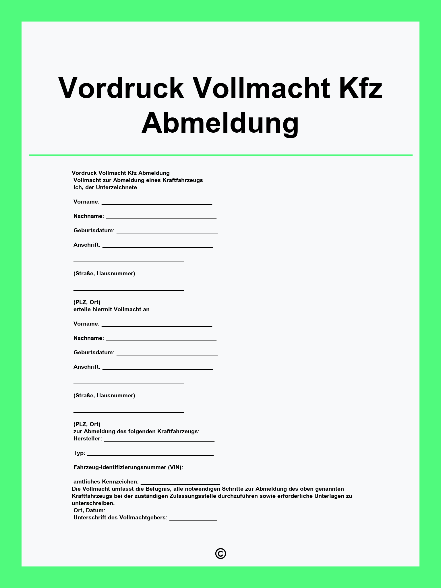 Vordruck Vollmacht Kfz Abmeldung